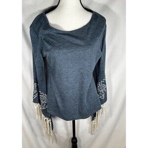 Altar'd State Embroidered Bell Sleeve Peasant Knit Top Women's Size Medium Blue